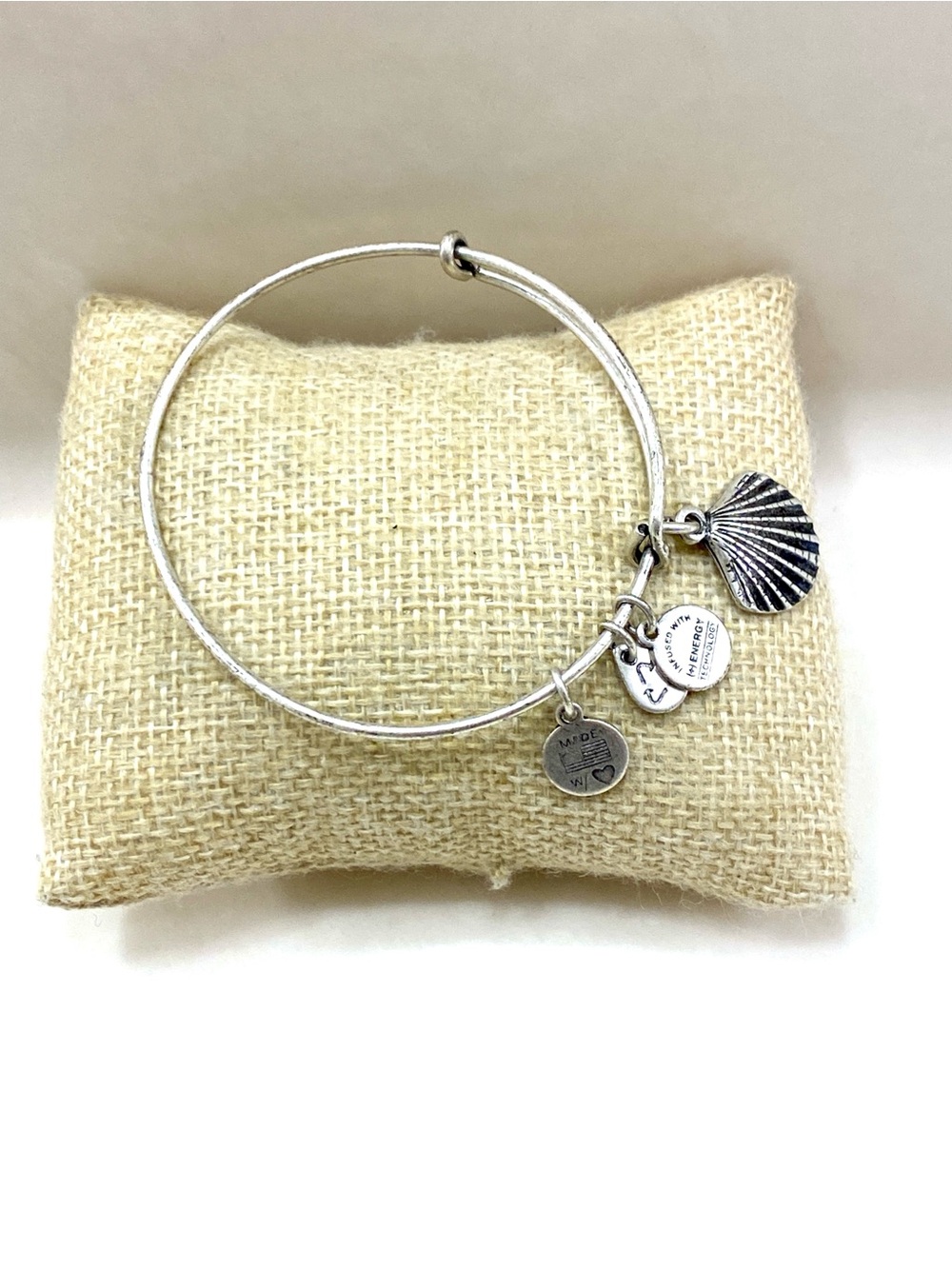 Alex and Ani Silver Shell Charm Expandable Bracelet with Logo Tags